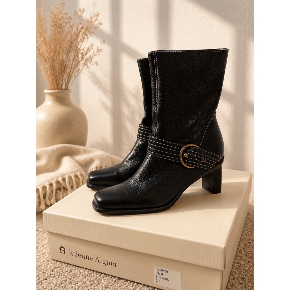 Etienne Aigner Jumper Black Leather Square Toe Block Heel Mid Calf Boots Size 7M